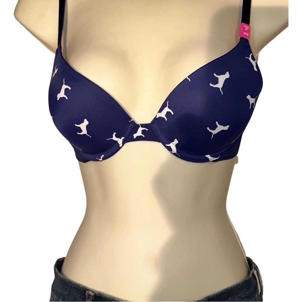 PINK Victoria's Secret Wear Everywhere Blue w/Wht.Dog Print Push-up Bra Size 32B